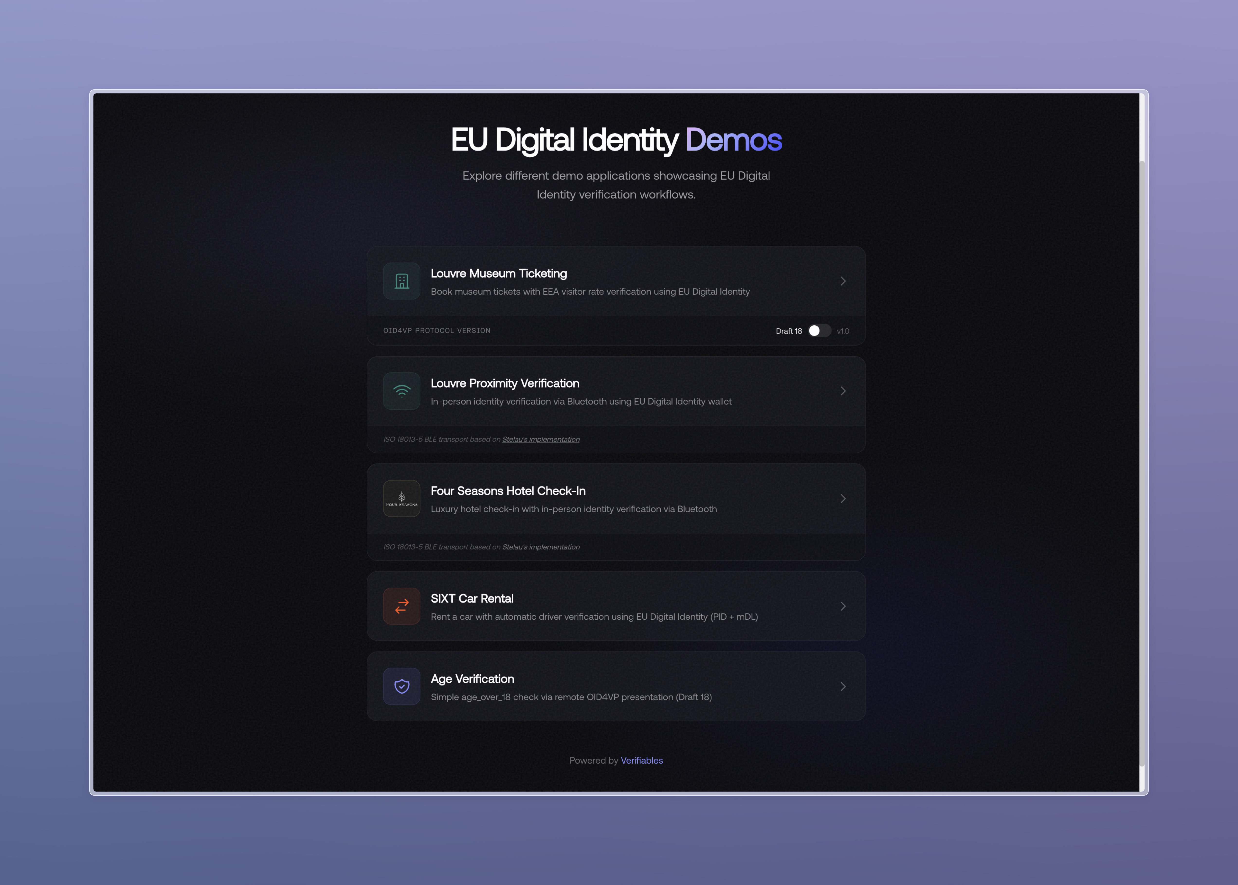 Demos — Homepage listing all available demos