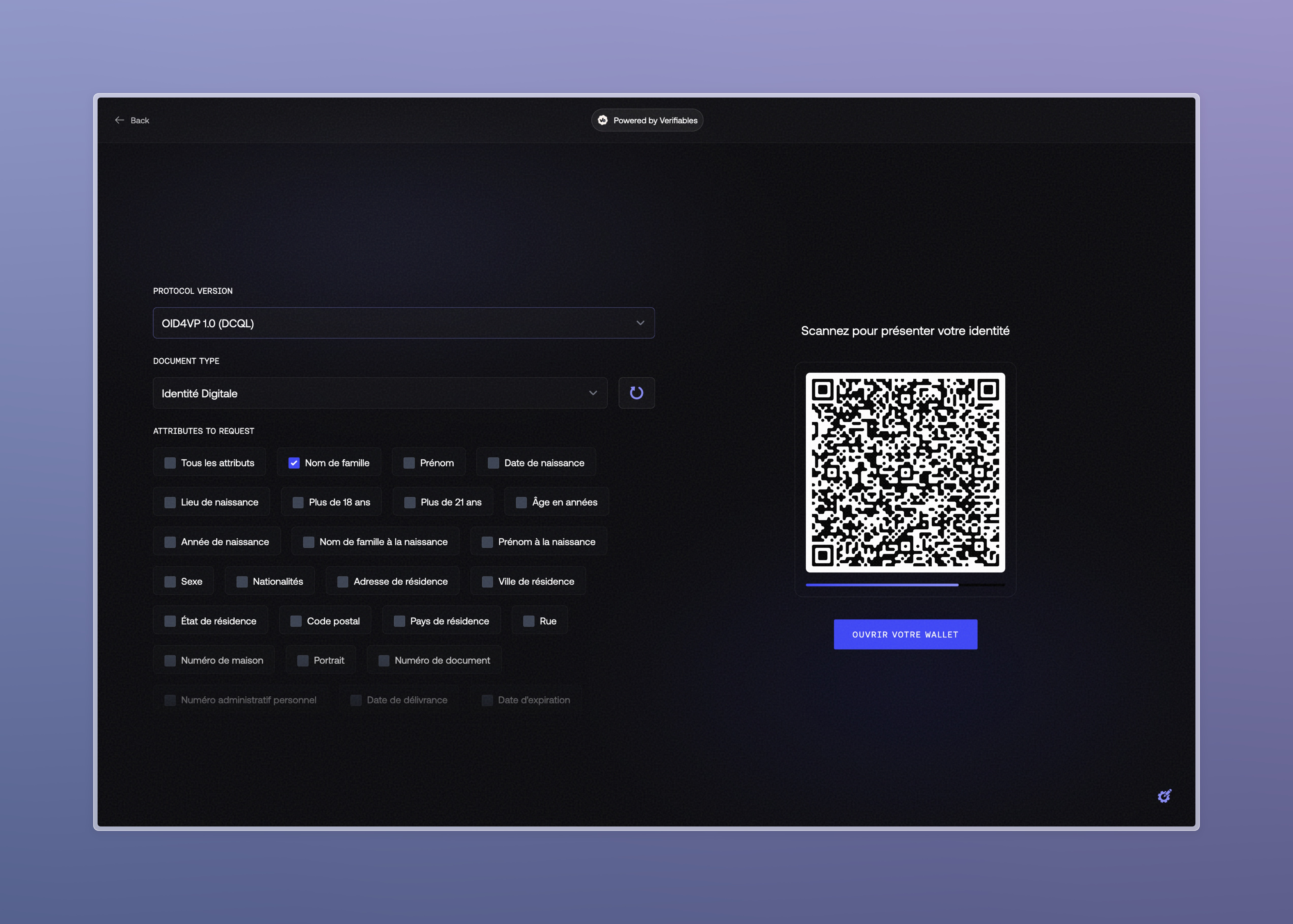 Verifier — QR code with configuration panel